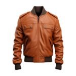Men Tan Strap Pocket Bomber Leather Jacket