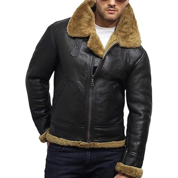 Mens B3 Flying Genuine Shearling Bomber Leather Jacket – Bild 3