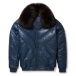 Mens Navy V-Bomber Leather Jacket