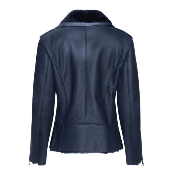 Womens Blue Shearling Straight Moto Jacket – Bild 2