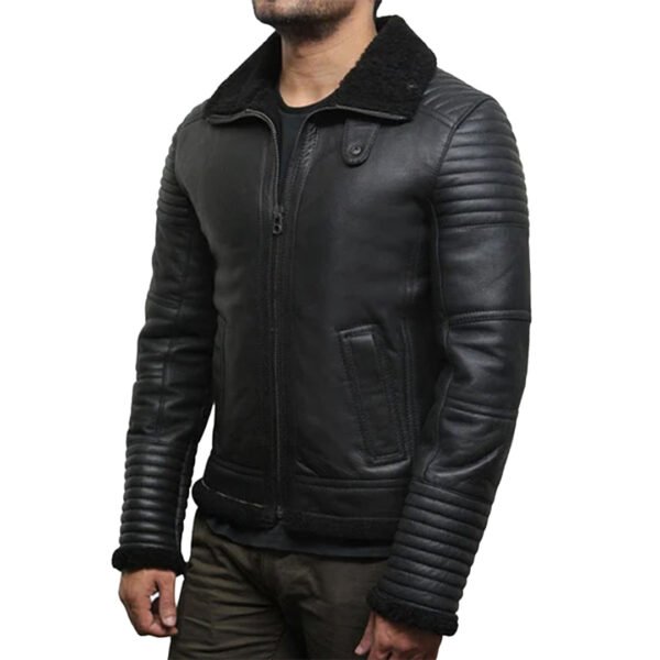 Mens Black Flying Shearling Leather Jacket – Bild 5