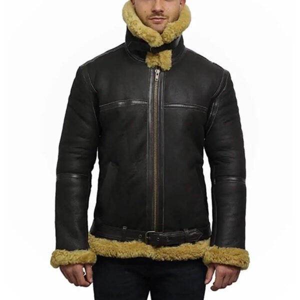 Mens Real Shearling Bomber Black Leather Jacket – Bild 3