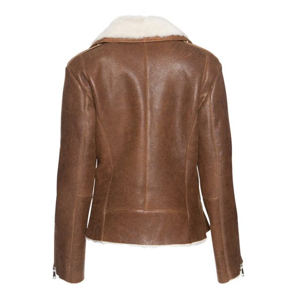 Womens Cognac Shearling Straight Moto Jacket – Bild 2