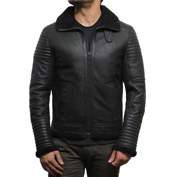 Mens Black Flying Shearling Leather Jacket – Bild 4