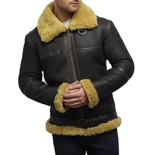 Mens Real Shearling Bomber Black Leather Jacket – Bild 4