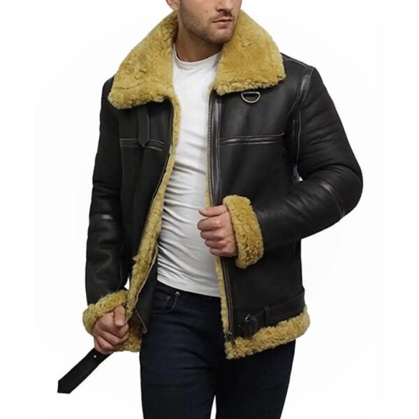 Mens Real Shearling Bomber Black Leather Jacket – Bild 5
