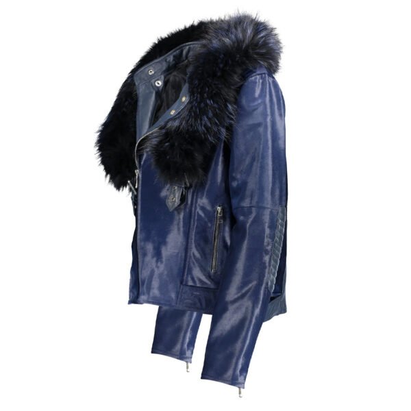 Womens Tara Calf Blue Fur Blue Leather Jacket – Bild 3