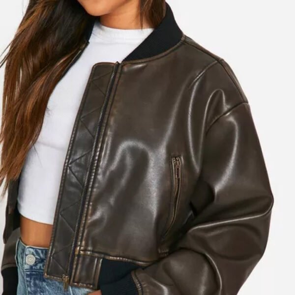 Women's Faux Leather Oversized Cropped Bomber Jacket – Bild 3