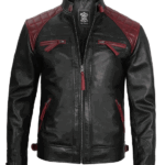 Men Quilted Cafe Racer Black And Maroon Leather Jacket
