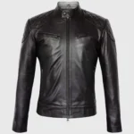 Black Quilted Cafe Racer Biker Leather Jacket