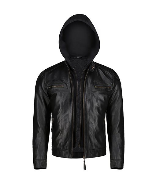 Black Slim Fit Leather Jacket With Hood