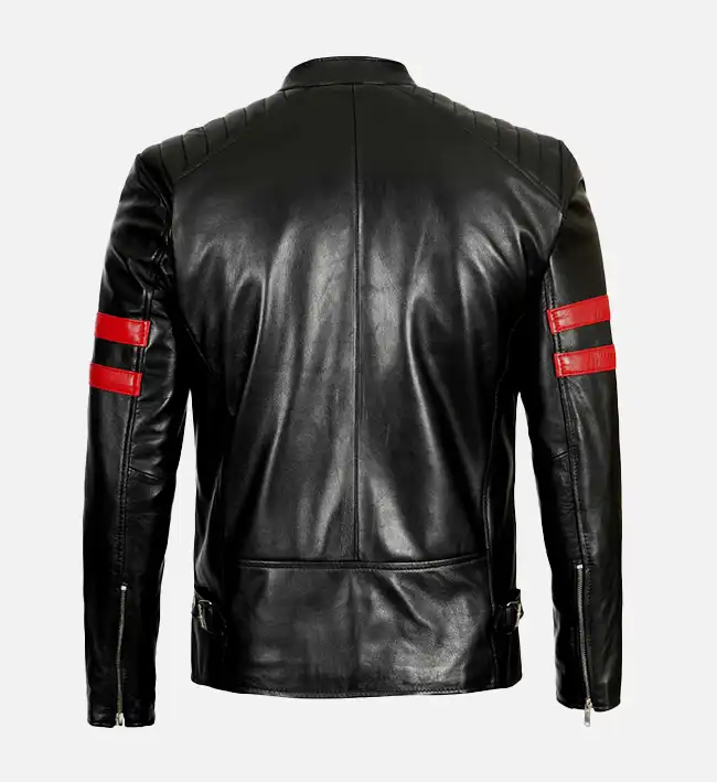 Leather Biker Jacket with Red Stripes