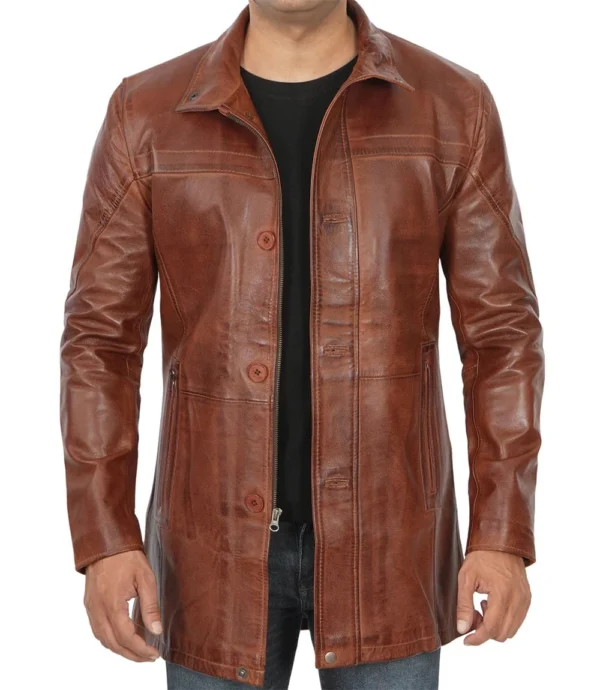 Mens Real Lambskin Brown Leather Cognac Car Coat