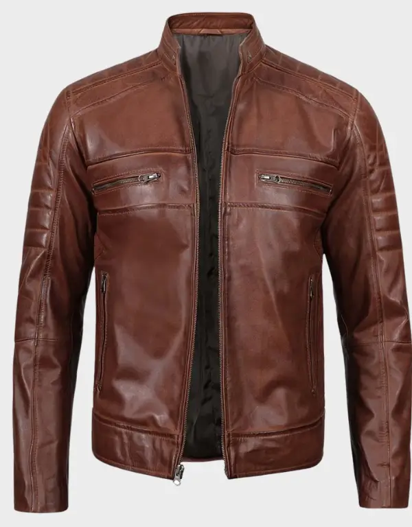 Brown Cafe Racer Leather Jacket For Men