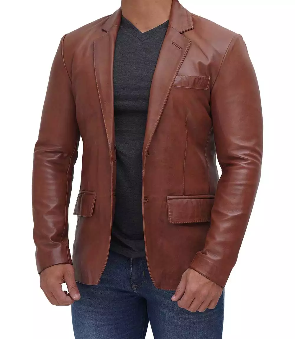 Two Button Tan Leather Blazer