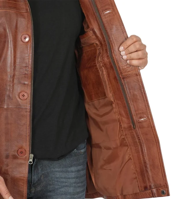 Mens Real Lambskin Brown Leather Cognac Car Coat
