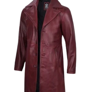 Stylish men's maroon leather trench coat