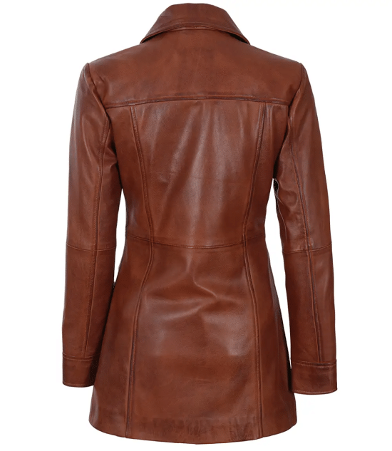 Womens Cognac Brown Leather Car Coat