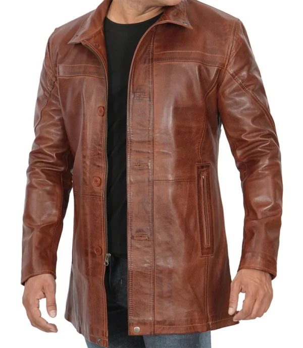 Mens Real Lambskin Brown Leather Cognac Car Coat