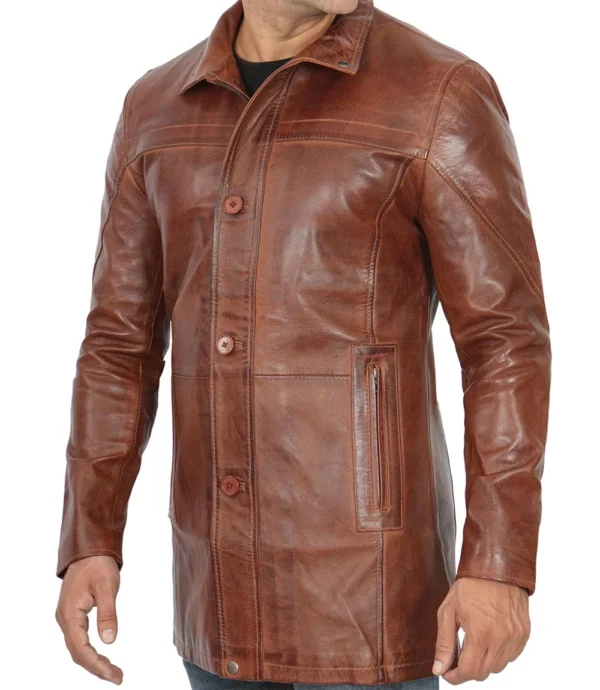 Mens Real Lambskin Brown Leather Cognac Car Coat