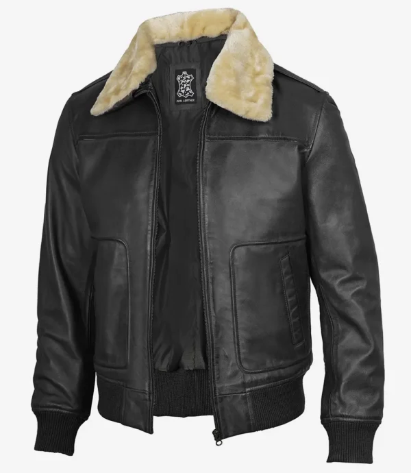 Men Black Leather Bomber Jacket