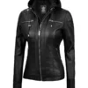 Women Black Detachable Hood Leather Jacket
