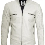 Mens Off White Leather Cafe Racer Jacket