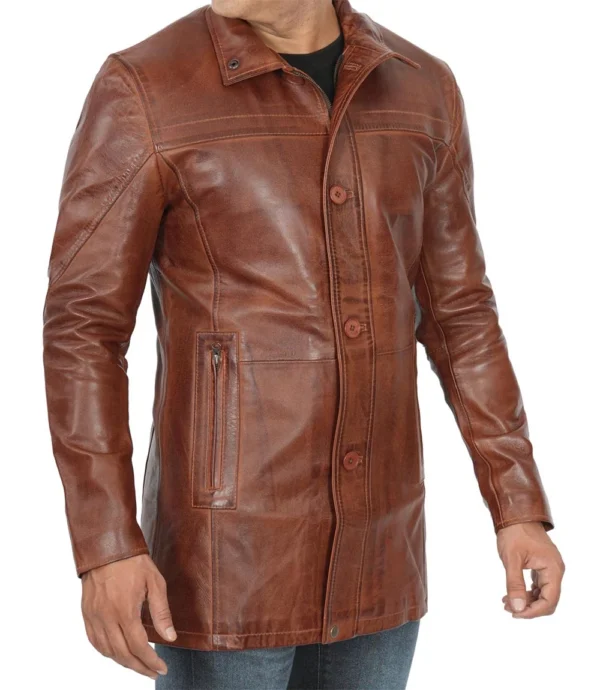 Mens Real Lambskin Brown Leather Cognac Car Coat