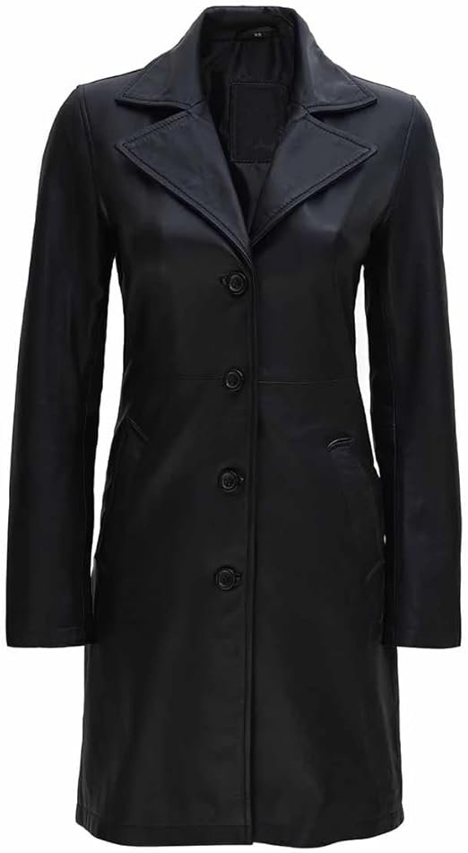 Womens Long Black Leather Trench Coat