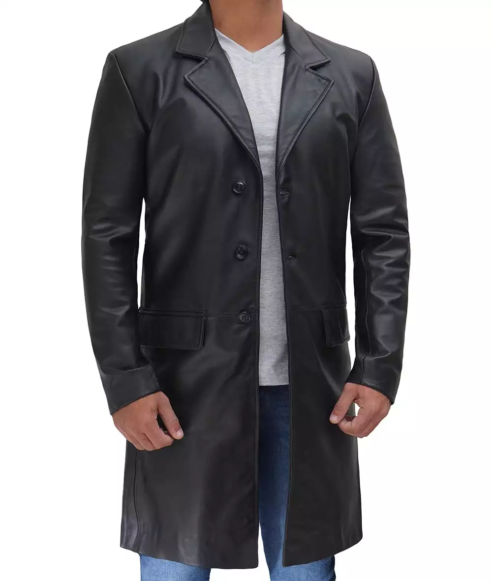 Cowhide Black Long Leather Coat