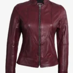 Women Maroon Cafe Racer Leather Jacket
