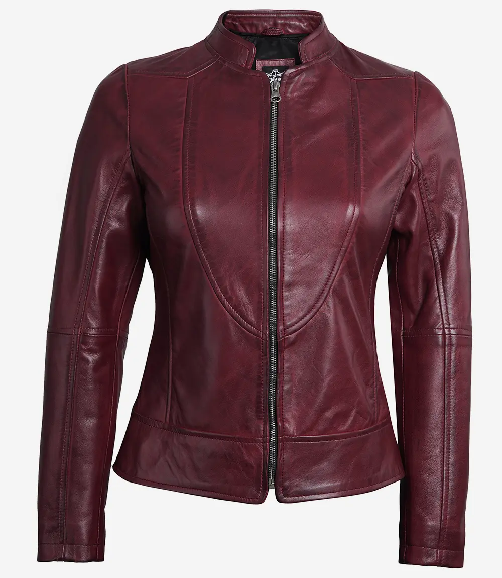 Women Maroon Cafe Racer Leather Jacket
