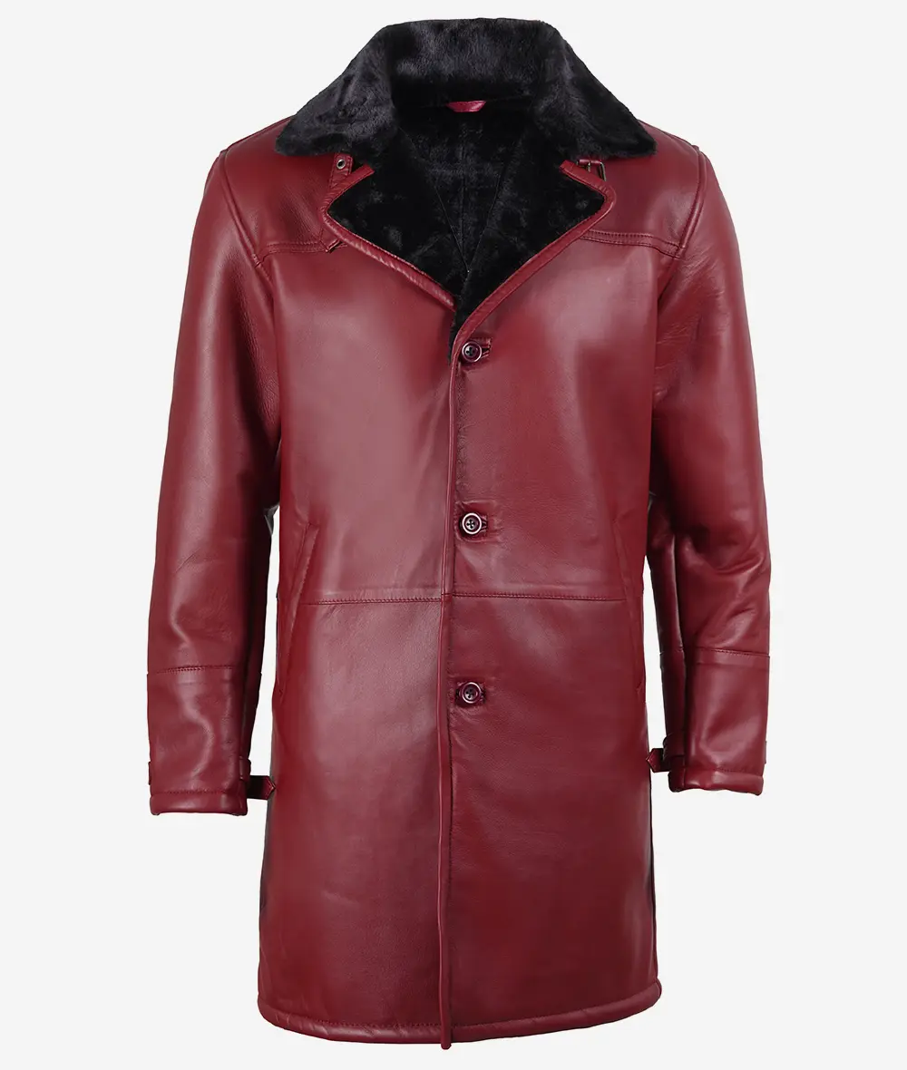 Mens Maroon Shearling Leather Fur Coat