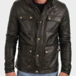 Men Black Biker Leather Four Pocket Jacket