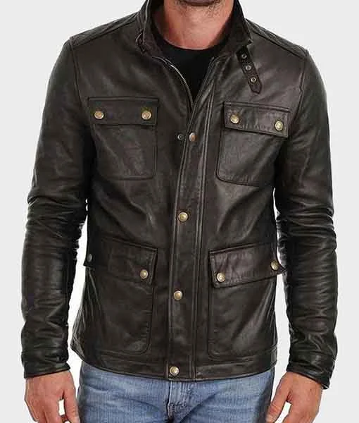 Men Black Biker Leather Four Pocket Jacket
