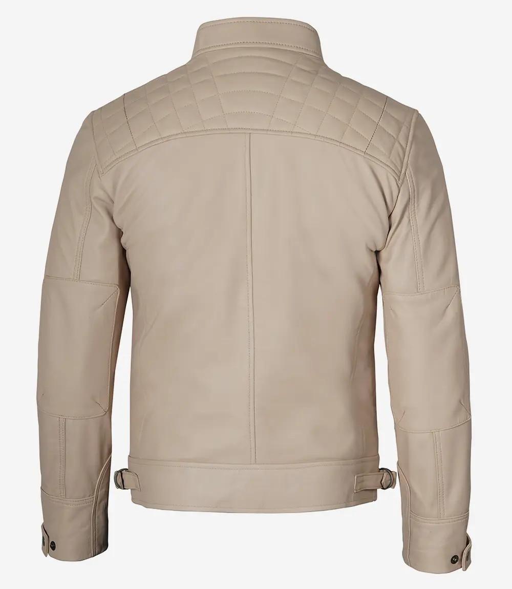 Mens Stylish Beige Cafe Racer Leather Jacket