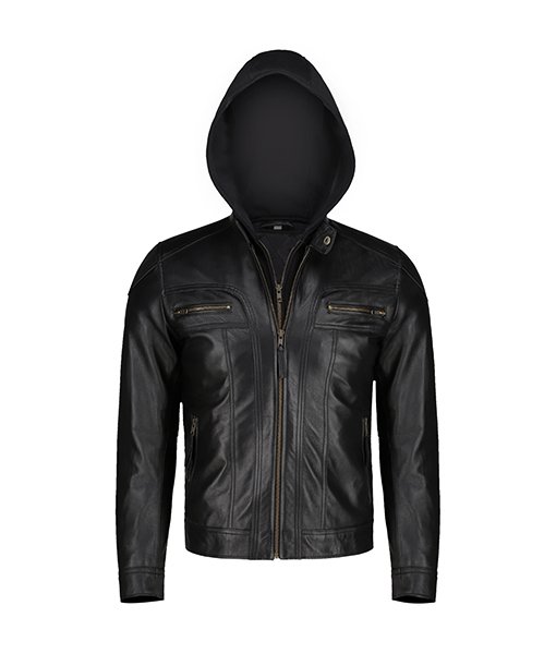 Black Slim Fit Leather Jacket With Hood