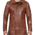 Mens Real Lambskin Brown Leather Cognac Car Coat