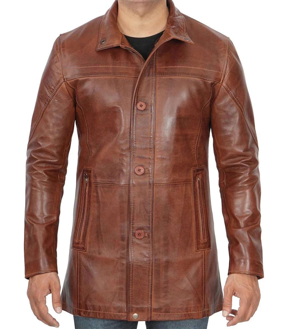 Mens Real Lambskin Brown Leather Cognac Car Coat