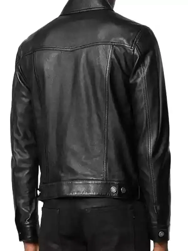 Mens Spy Black Leather Trucker Jacket