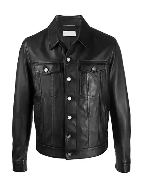 Mens Spy Black Leather Trucker Jacket