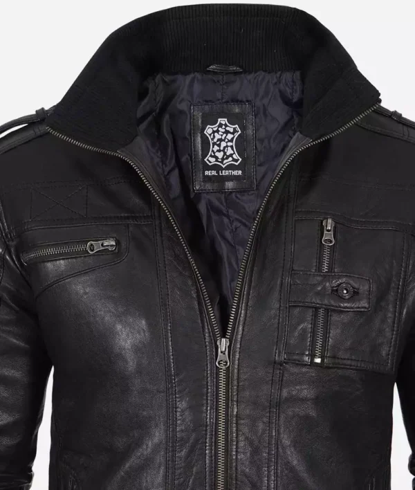 Slim fit black washed leather biker jacket