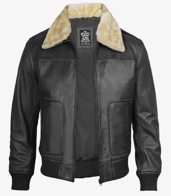 Men Black Leather Bomber Jacket