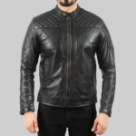Mens Quilted Black Leather Biker Jacket