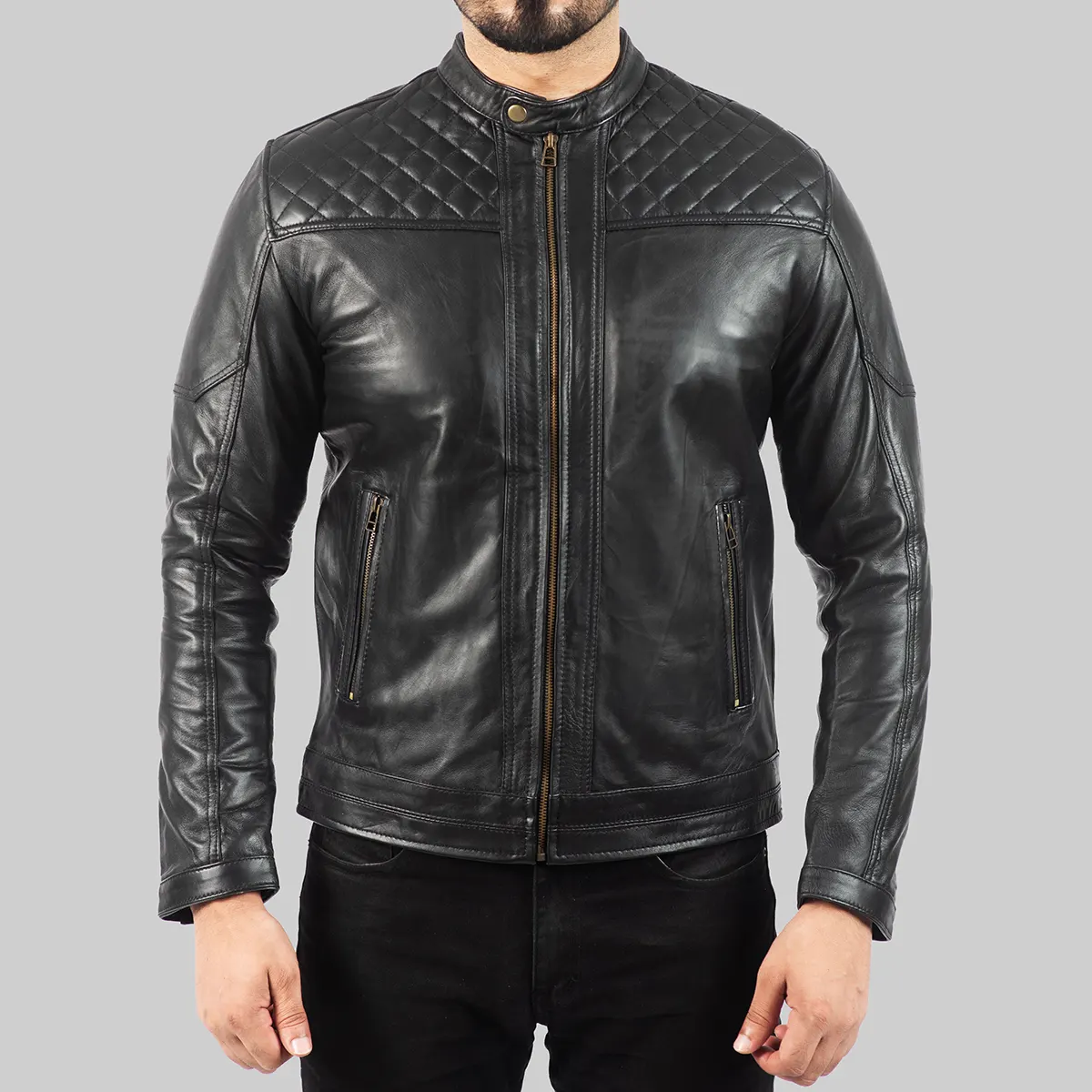 Quilted Black Leather Biker Jacket