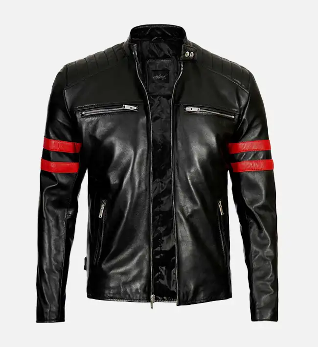 Leather Biker Jacket with Red Stripes