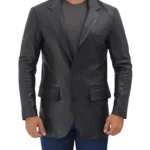 Men 2 Buttons Notch Lapel Black Leather Blazer
