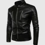 Stand Up Collar Black Leather Jacket Mens