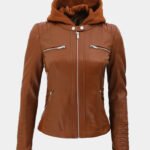 Cognac Brown Womens Leather Jacket With Removable Hood