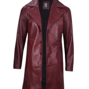 Stylish men's maroon leather trench coat